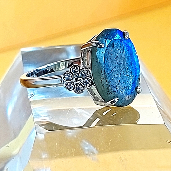 Natural Labradorite & CZ 925 Sterling Silver Ring Sz 6.75 - Picture 4 of 6